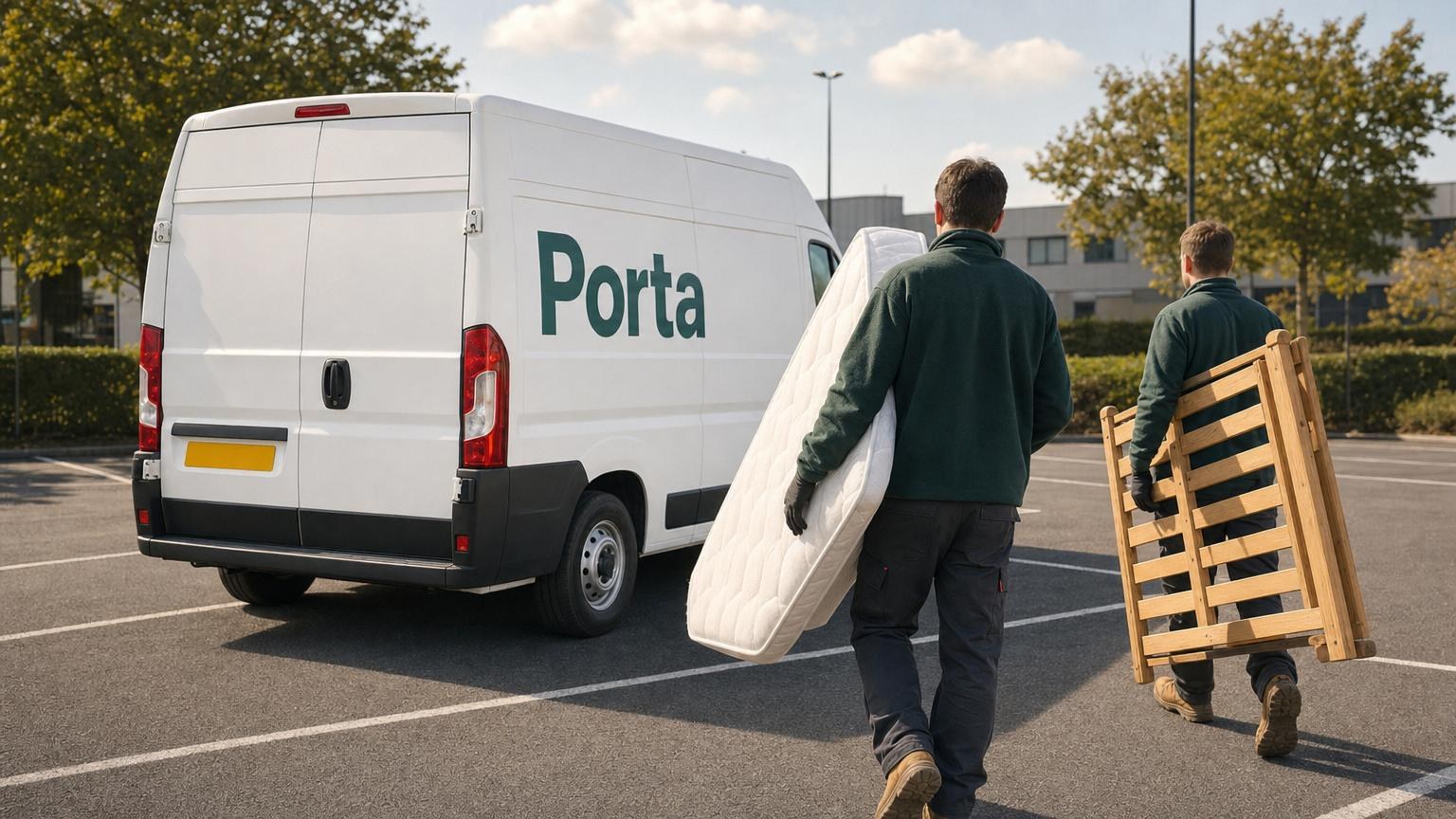 A mattress and bed frame being carried to a Porta van