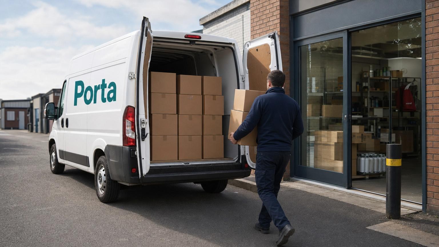 Boxed business stock being loaded into a Porta van outside a shop