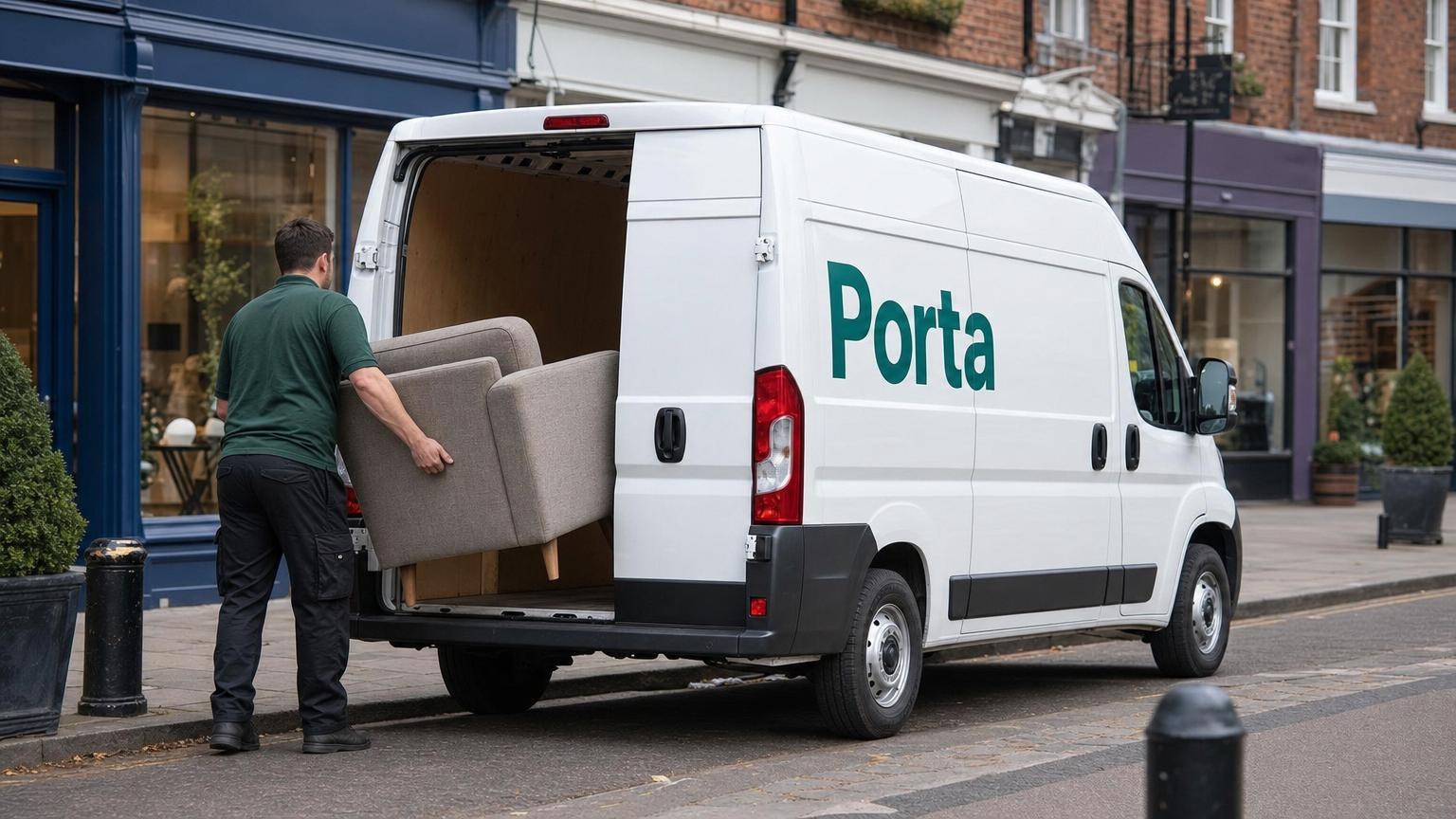 An armchair being lifted into a Porta van on a high street