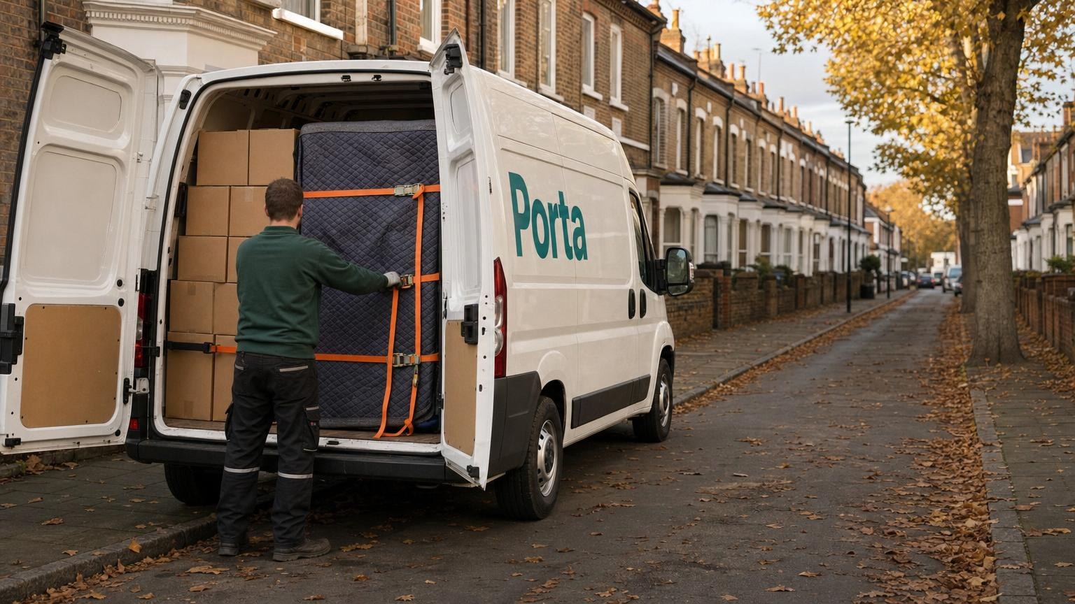 Boxes and a bicycle being loaded into a Porta van