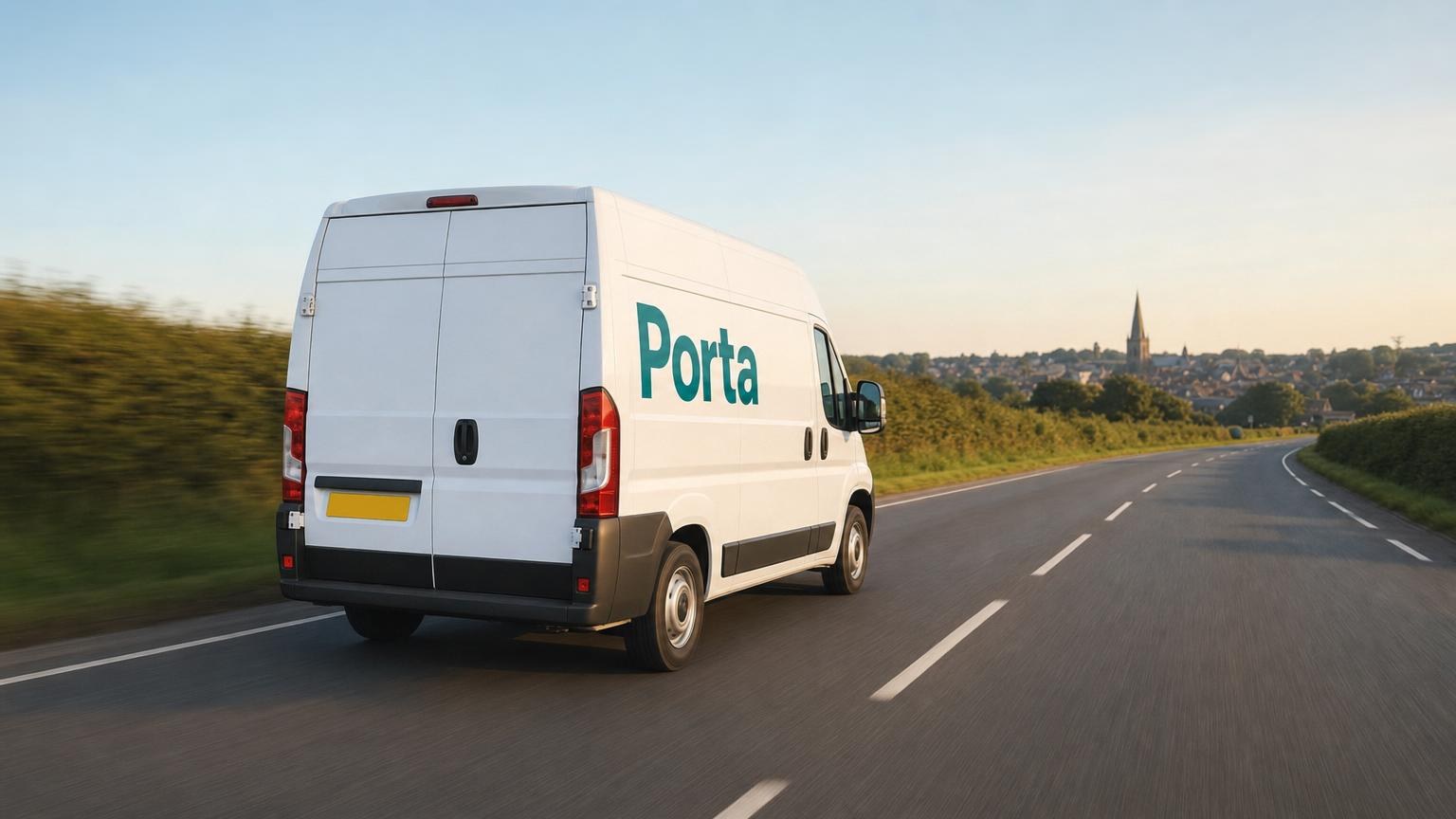A Porta van setting off on a British A-road in early morning light